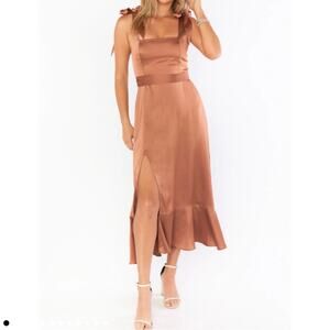 Show Me Your Mumu Claire Satin Midi Dress Women's Medium Neutral Mauve